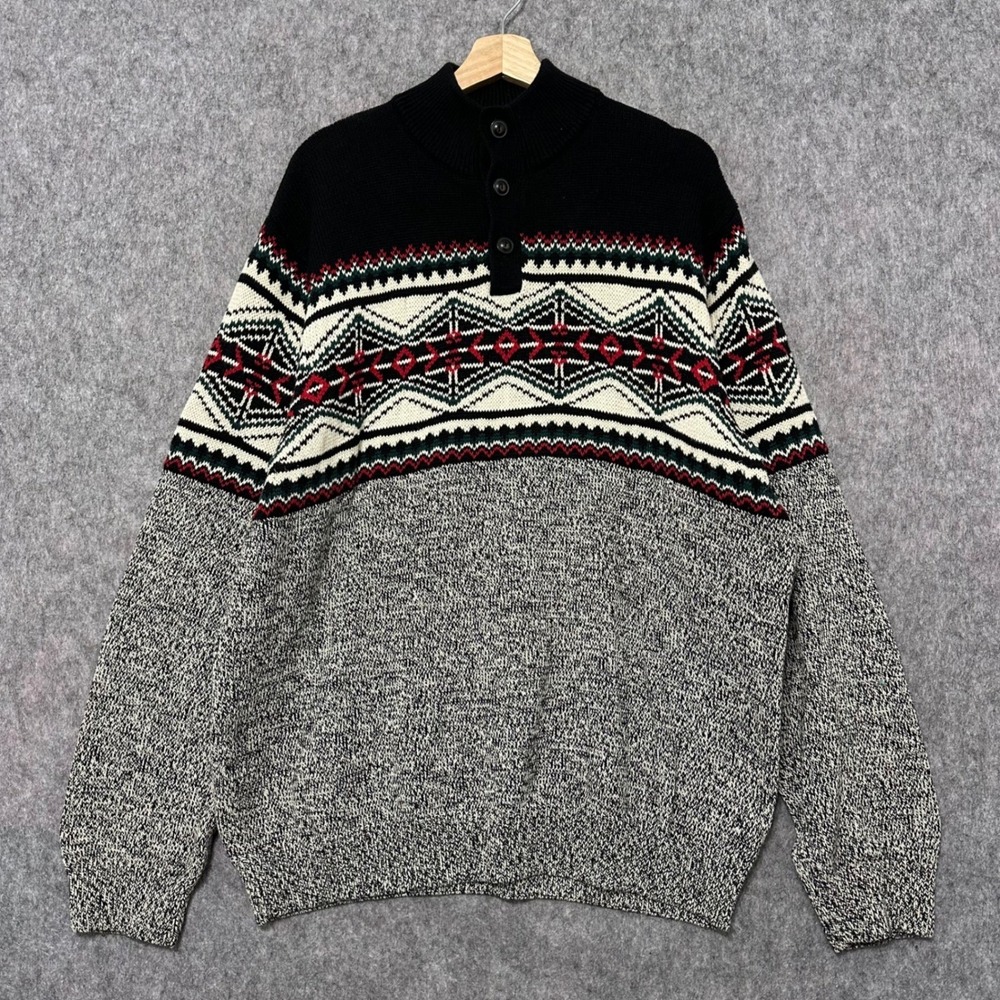 Chaps Mens Fair Isle Mock Neck 1/4‎ Button Sweater Black Multi Color XL Cotton